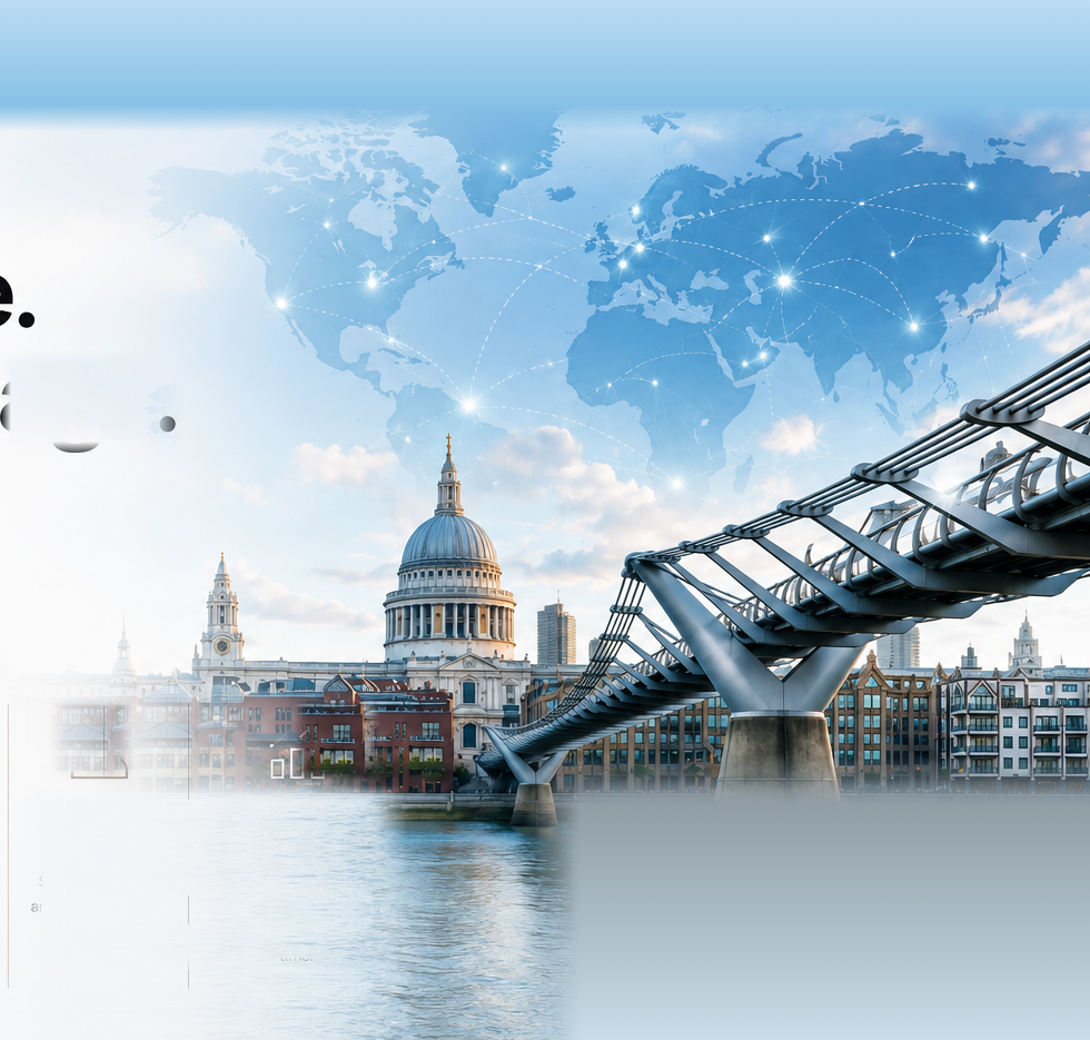 World map network over St Paul's Cathedral and the Millennium Bridge, London