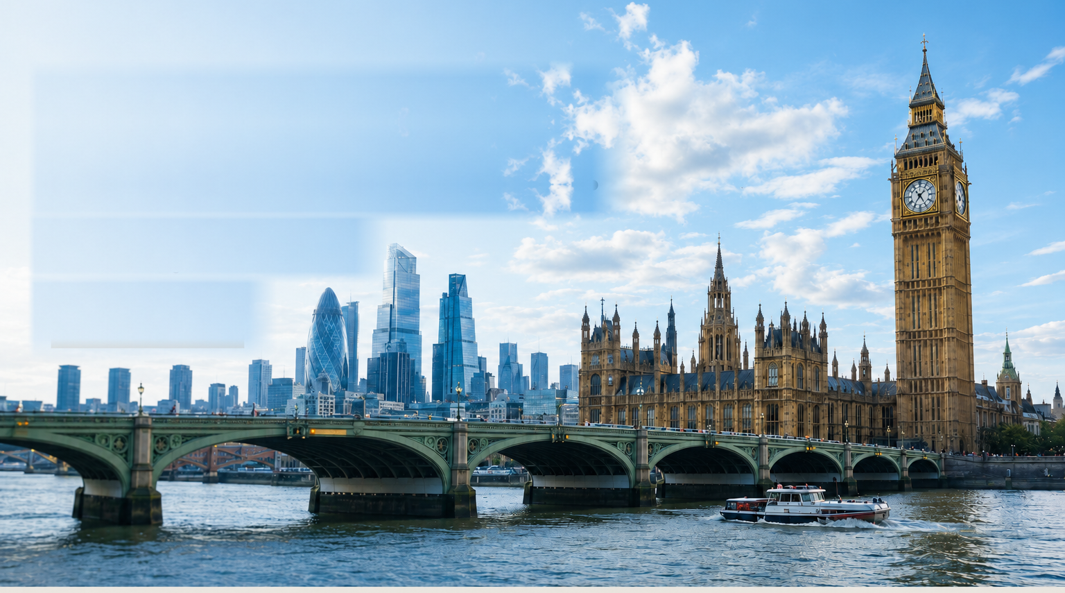 London skyline — the City, Westminster and Big Ben over the River Thames