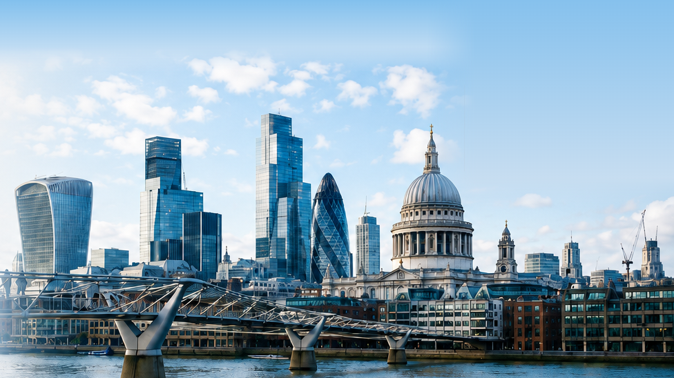 The City of London skyline, St Paul's Cathedral and the Millennium Bridge